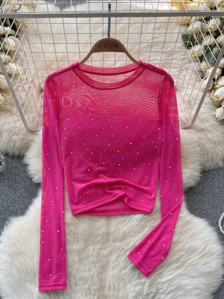 6 Colors T-shirts Women Cropped Sequins Slim Sheer Solid Spring Summer sexy Style Comfortable O-neck Clubwear European Style 250415