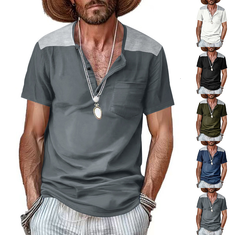 2025 Summer Short sleeved Men's T-shirt Trendy Big Collar Color blocked Thin Henley Top for Men