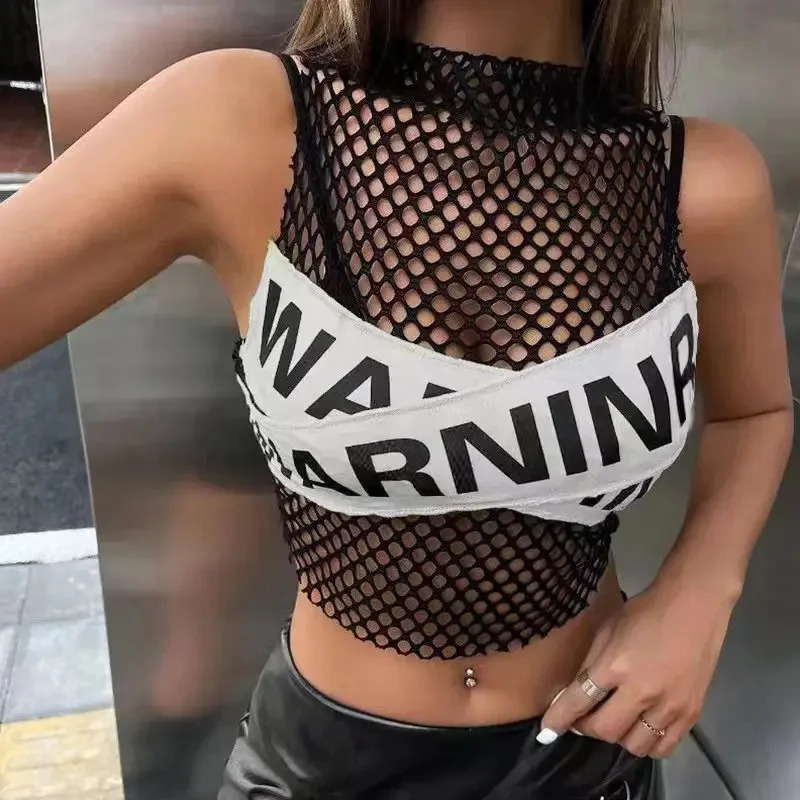 Summer Fashionable Outer Wear Polyester Fiber Top Street Style Letter Color Blocking Hollow Out Net Yoke Womens Vest 250415