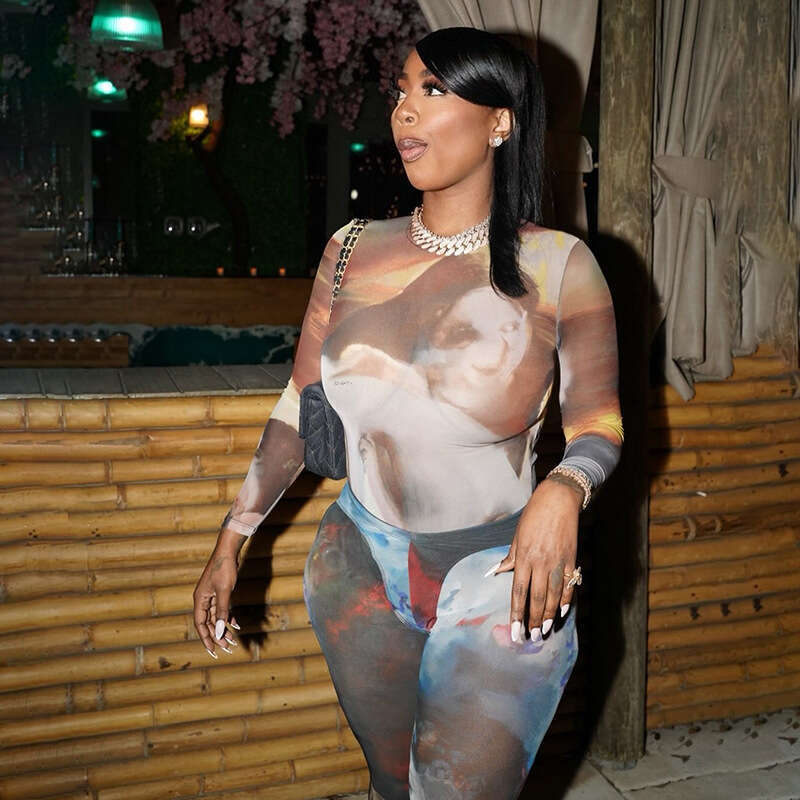 Women's Wear Spring New Women's Fashion Trendy Round Neck Mesh Abstract Printed Foot Stepping Pants Two Piece Set