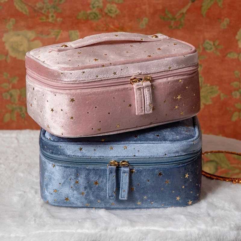 Portable travel small makeup bag flannel cosmetic storage bag handheld flannel womens large capacity starry sky cosmetic bagXJ250415