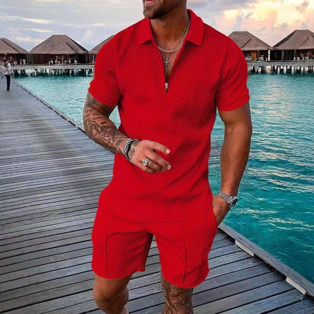Summer fashion printed mens polo shirt set with collar and short sleeved casual two-piece set