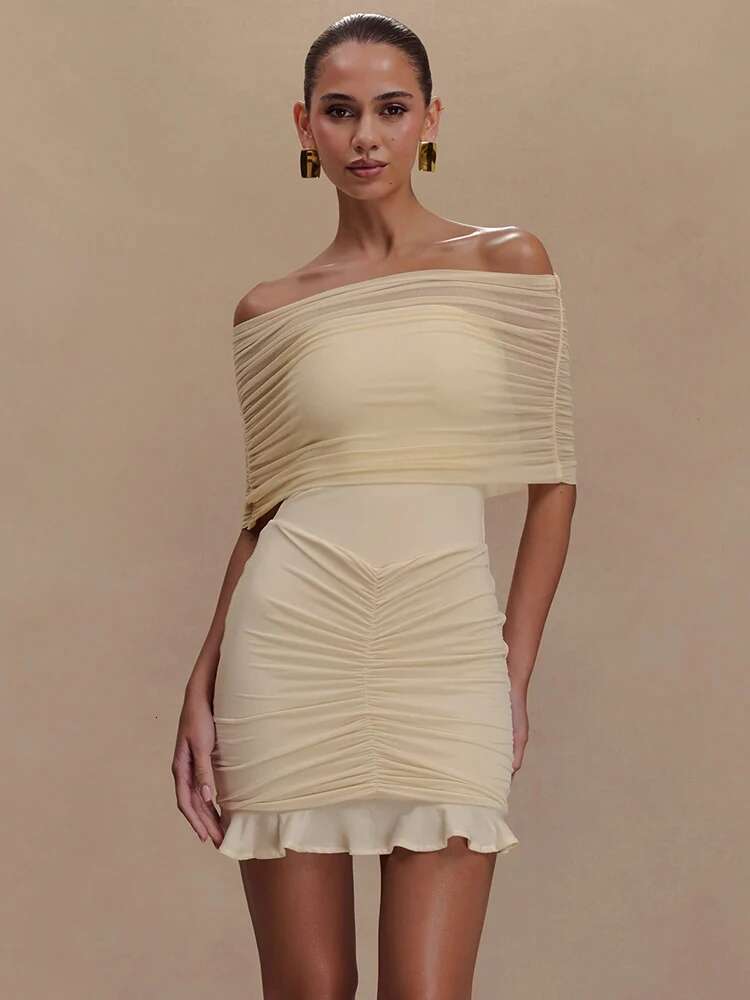 Mozision Mesh Strapless Off-shoulder Sexy Ruffled Mini For Women Fashion Backless High Waist Female Ruched Party Dress
