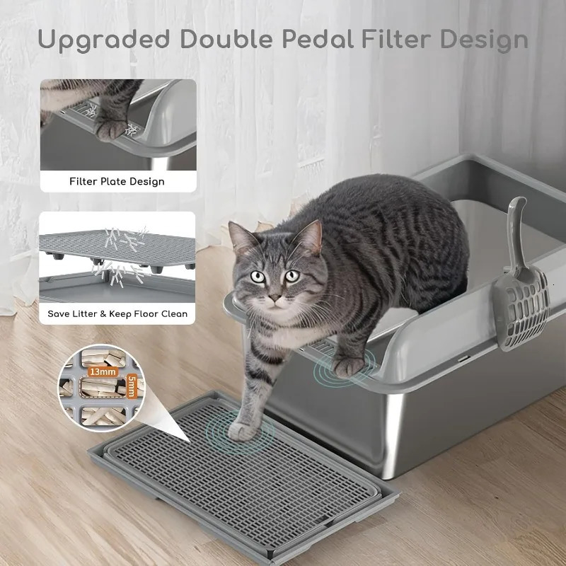 2 Pack Stainless Steel Cat Litter Box with LidXL Large Metal Cat Litter BoxHigh Wall Sided Enclosure Kitty Litter Box 250414
