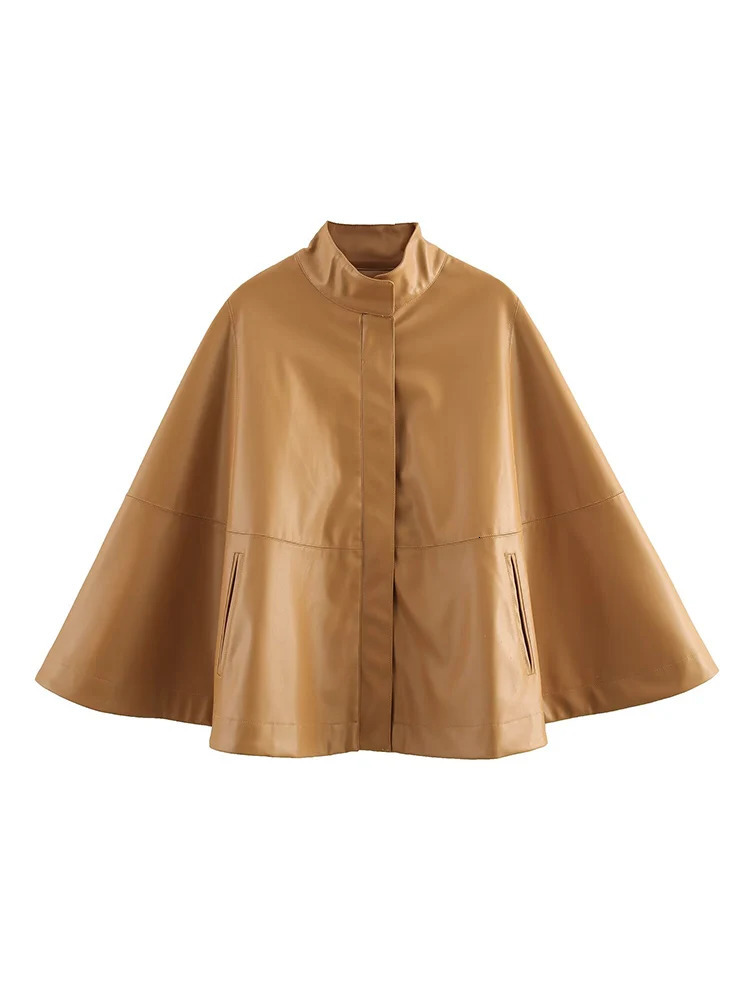 European and American spring loose casual stand up collar long sleeved zipper leather hat jacket 250410