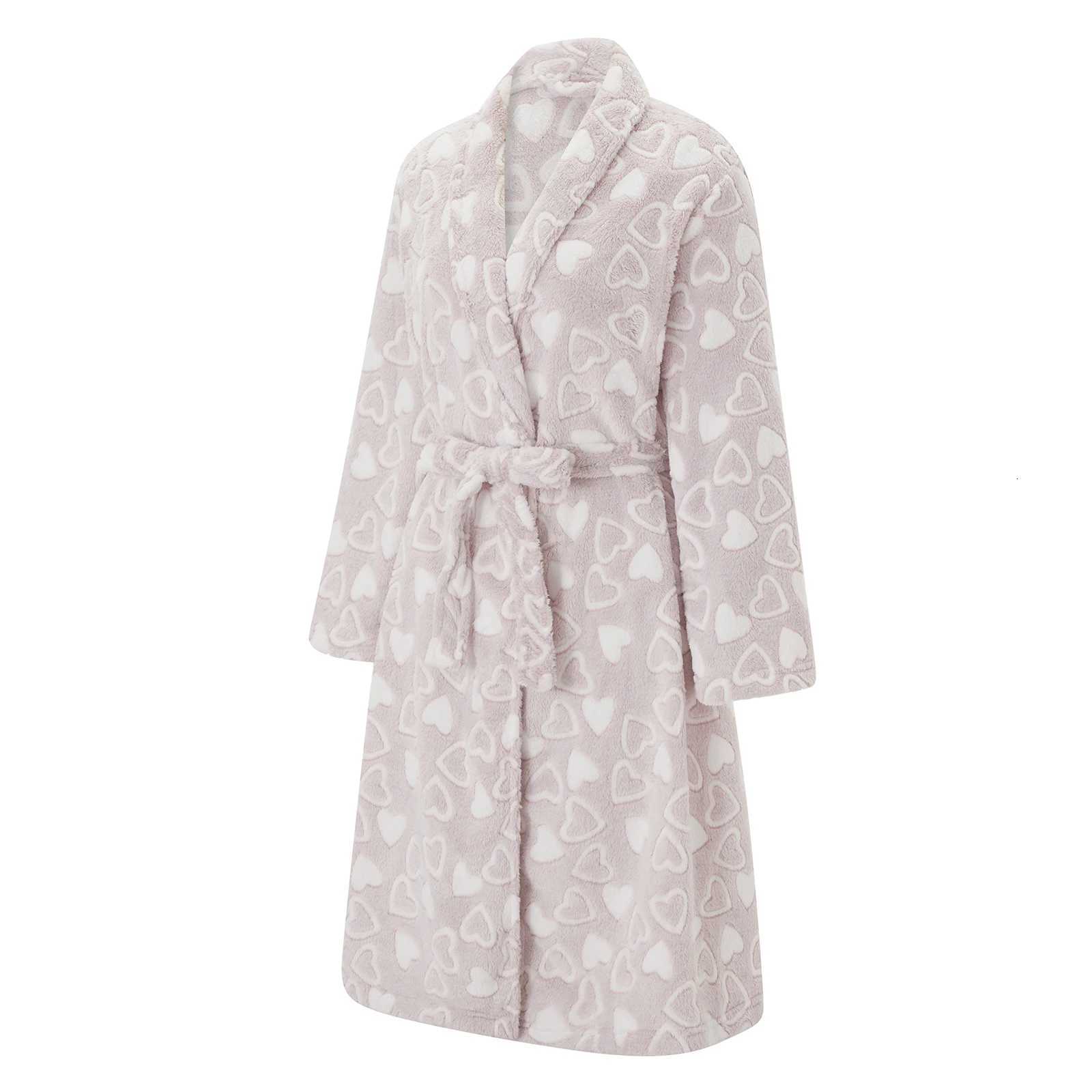 2025 New Fashion Womens Thick Flannel Bathrobe Heart Print Long Sleeve Fuzzy Plush Shawl Collar Bath Robe with Belt C251115