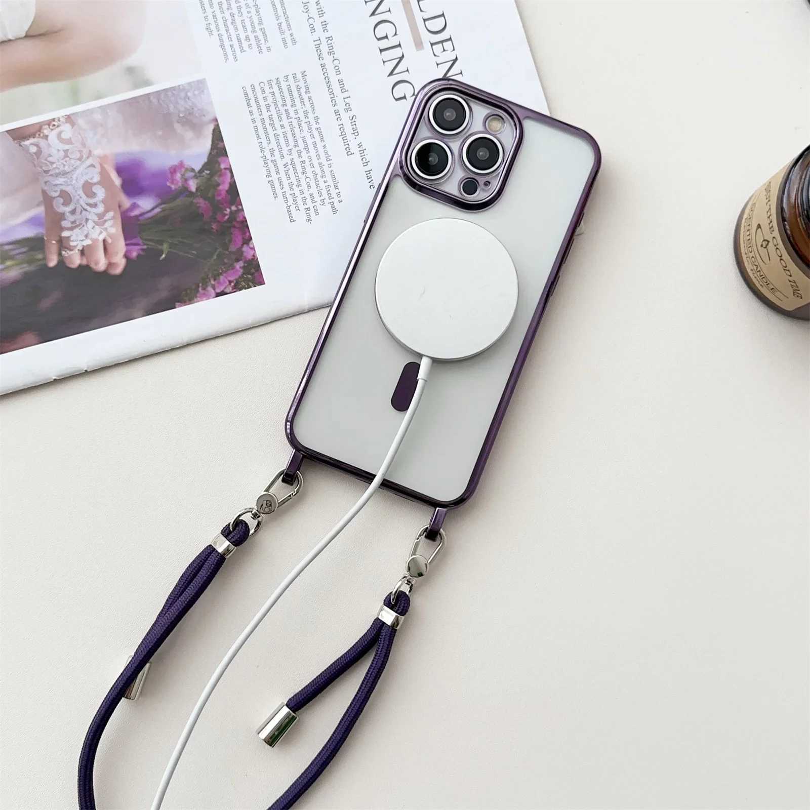 For iPhone 17 Air 16 e 15 Pro Max 14 13 12 11 Phone Case Lanyard Wrist Strap For Crossbody Magnetic Plating Clear Cover J251202