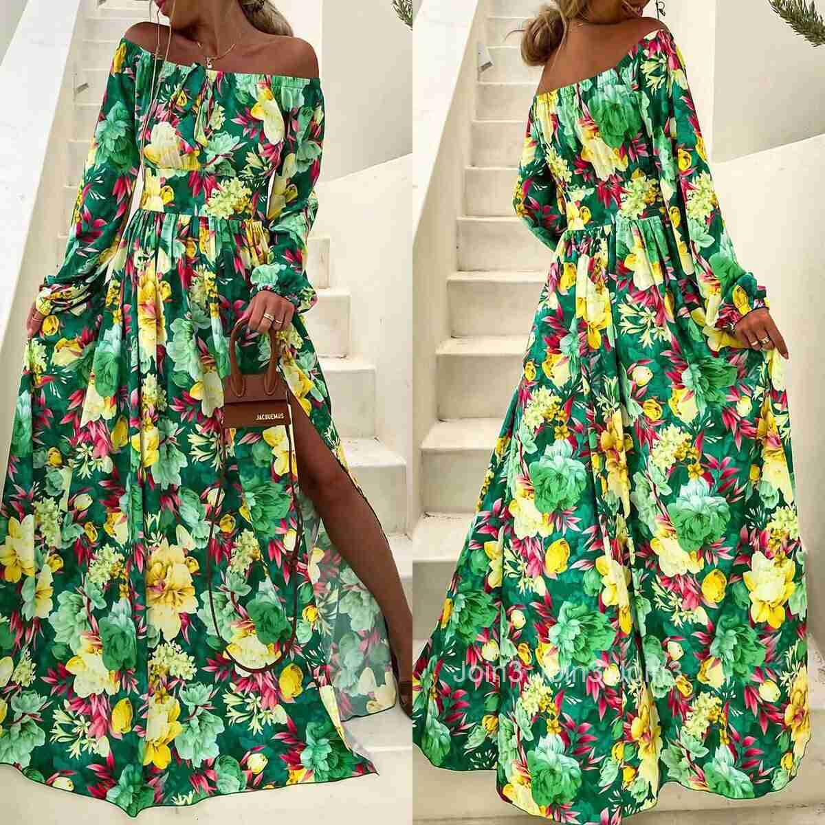 2025 Summer New Bohemian Vacation Style One Collar Large Swing Skirt Fashion Printed Dress