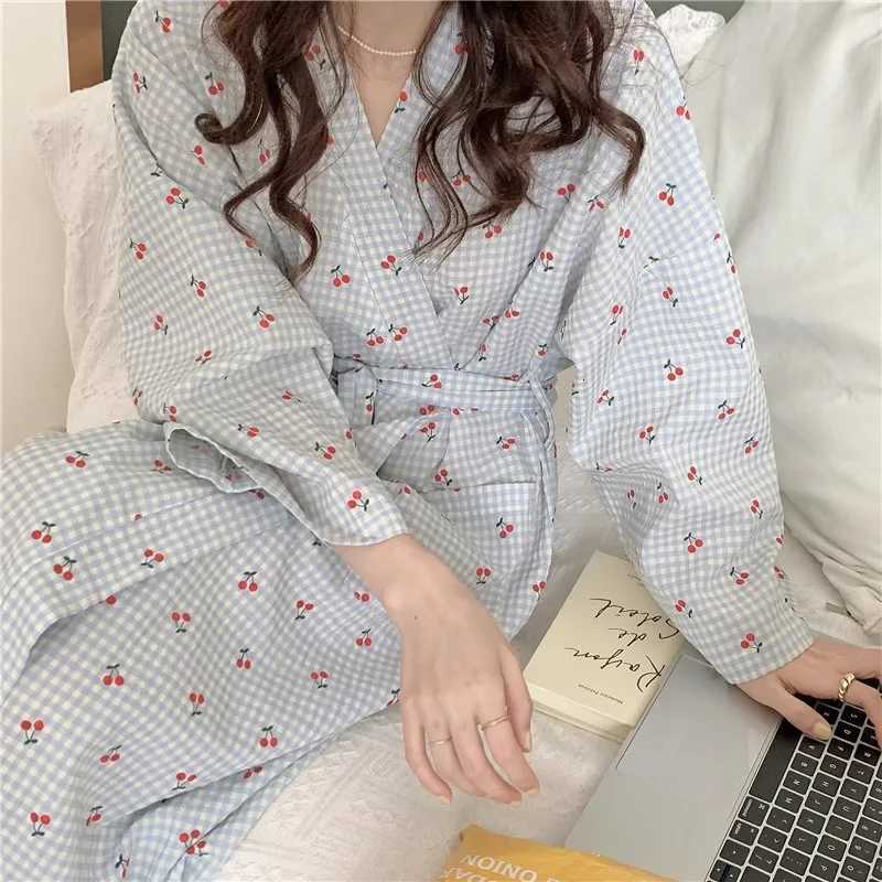 Small Fresh Sweet Plaid Cherry Plaid Robe Nightgown Female Models Spring and Summer Long-Sleeved Bathrobe Homewear C251115