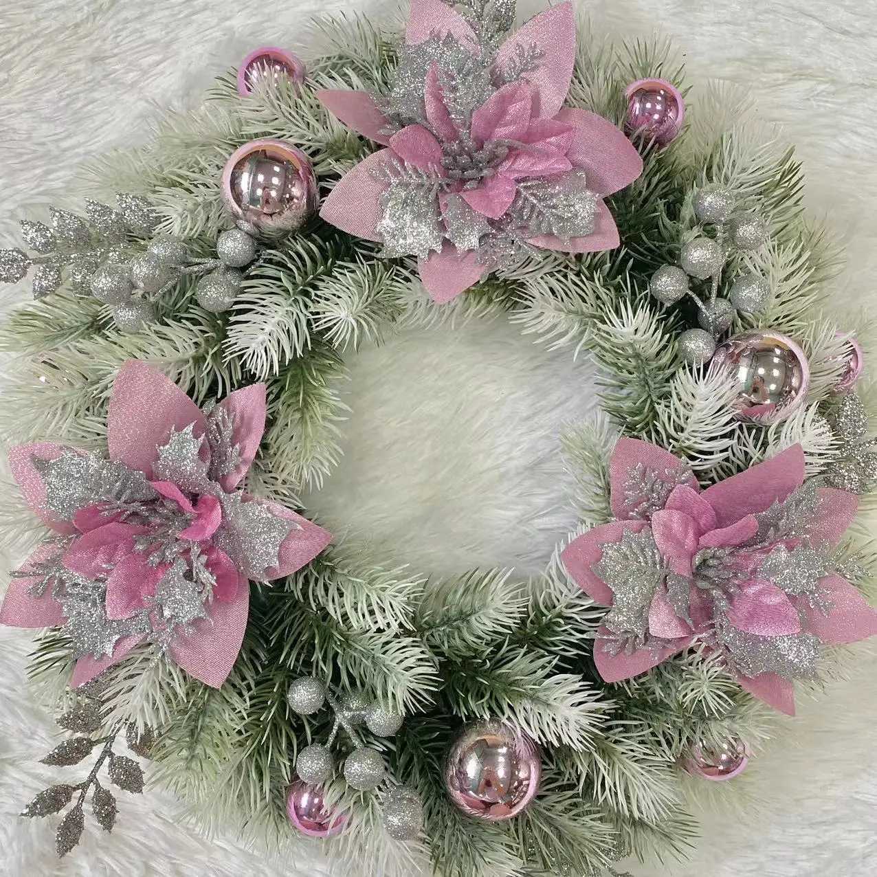 2025 New Christmas Pink Wreath Christmas Tree Pendant Door Hanging Arrangement Bow Wreath Christmas DecorationM251115