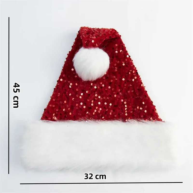 Shiny Sequined Christmas Hat New Year Red Santa Claus Caps Plush Fluffy Pompom Xmas Halloween Cosplay Party Snowman Beanie Cap Y251115