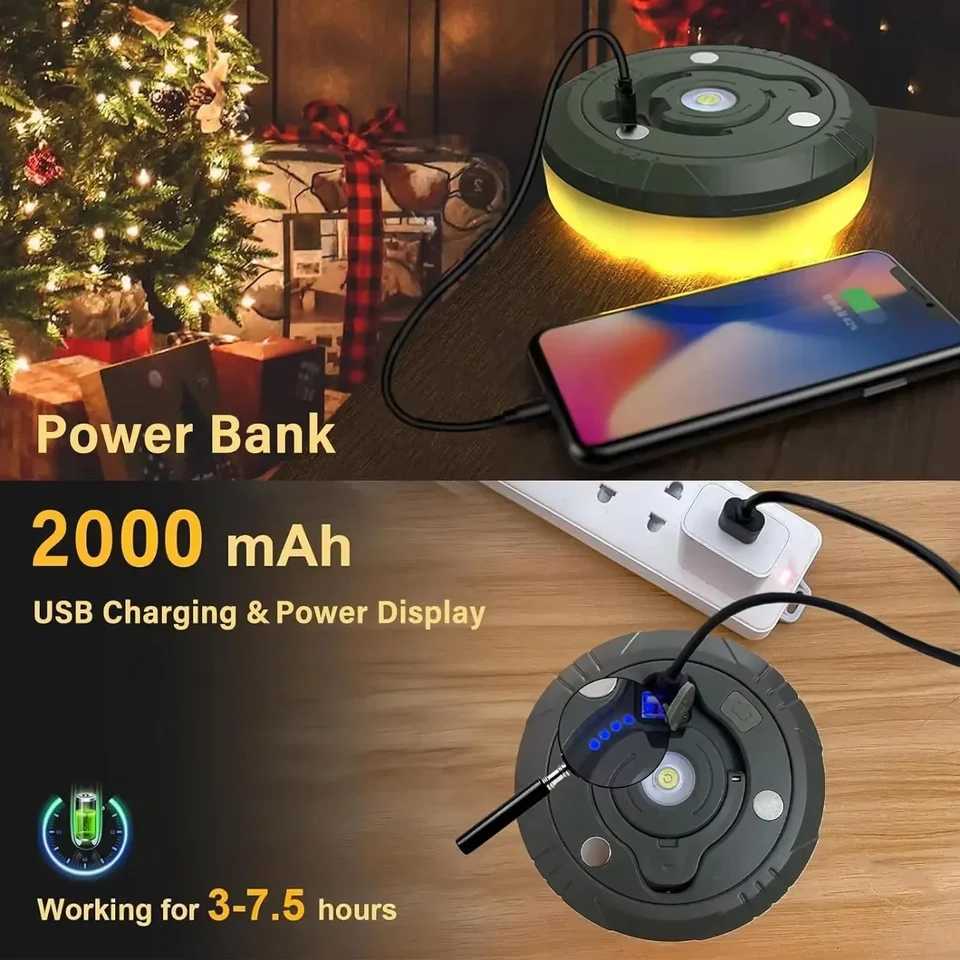 Rechargeable 4-in-1 Camping String Light - RGB/Warm LED Reel w/8 Modes Magnet Hook Waterproof Lantern for Tent/Garden/Outdoor M251115