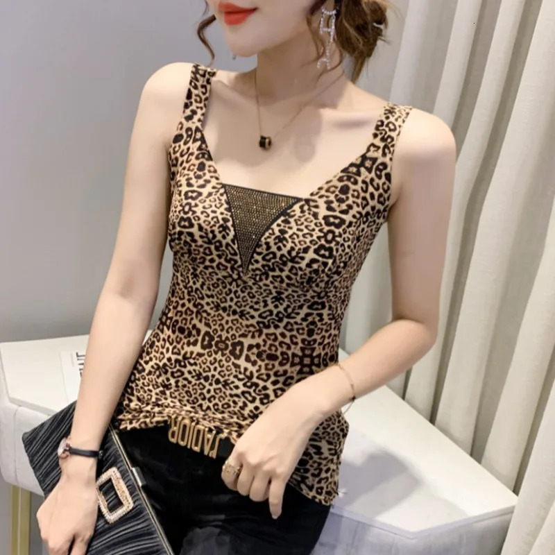 Womens summer top with diamonds ultrathin sleeveless sexy club womens black blue red leopard print tight fitting 250407