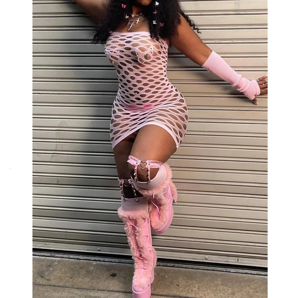 Pink Mini Dress Women Strapless See Through Backless Sleeveless Skinny Vestido Female Party Night Clubwear Mesh Lingerie Dress 250415