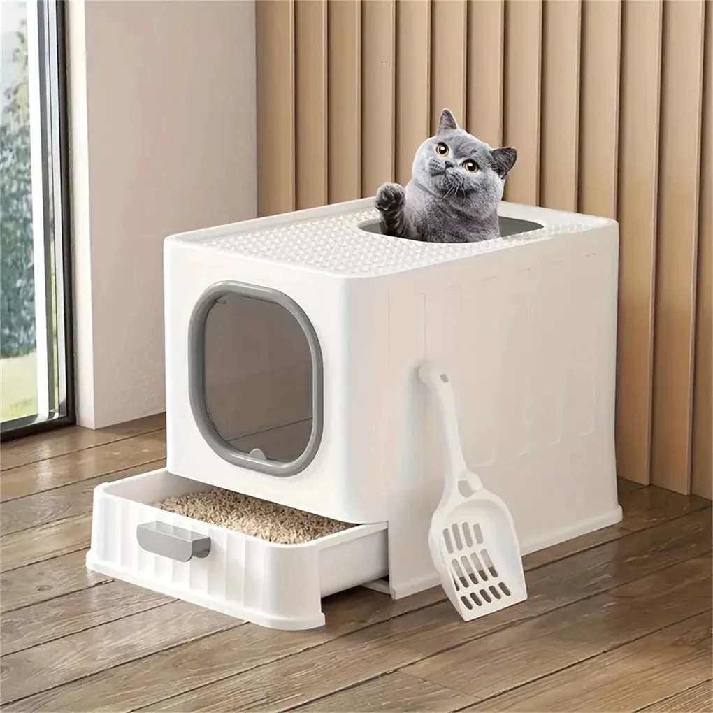 Leak-proof Enclosed Cat Litter Box Pull Drawer Kitten Training Toilet with Scoop and Lid Anti-Splashing 250414