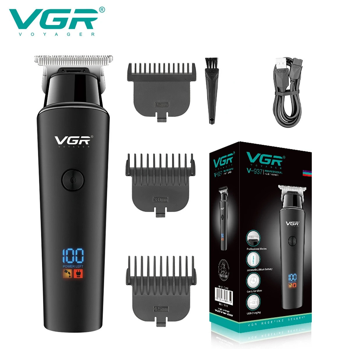VGR Hair Trimmer Professional Electric Trimmers Cordless Hair Clipper Rechargeable LED Display V 937 250409
