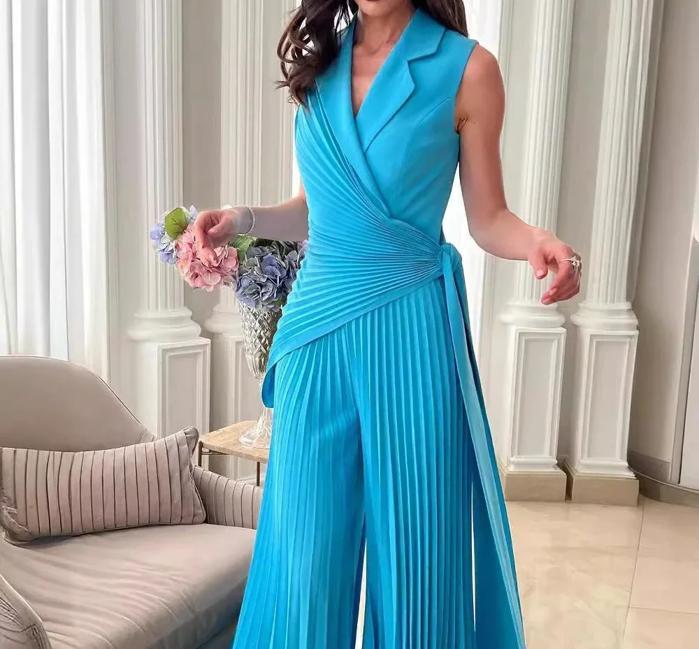 Wide Leg Jumpsuit Pants for Women Summer Fashionable Collar Multi Fold Solid Color Jump Suits for Female Streetwear 250415