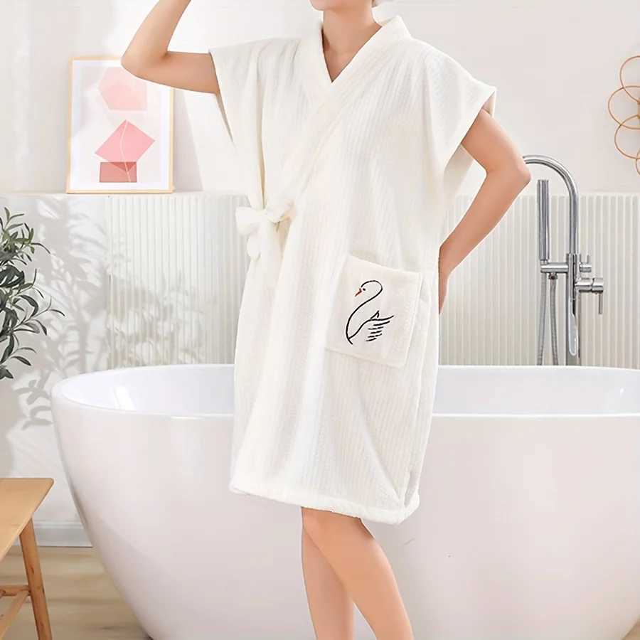 Coral Fleece Bath Robe Towel Wrap - Soft Absorbent Womens Home Hotel Spa Short Sleeve Bath Dress with Belt C251115