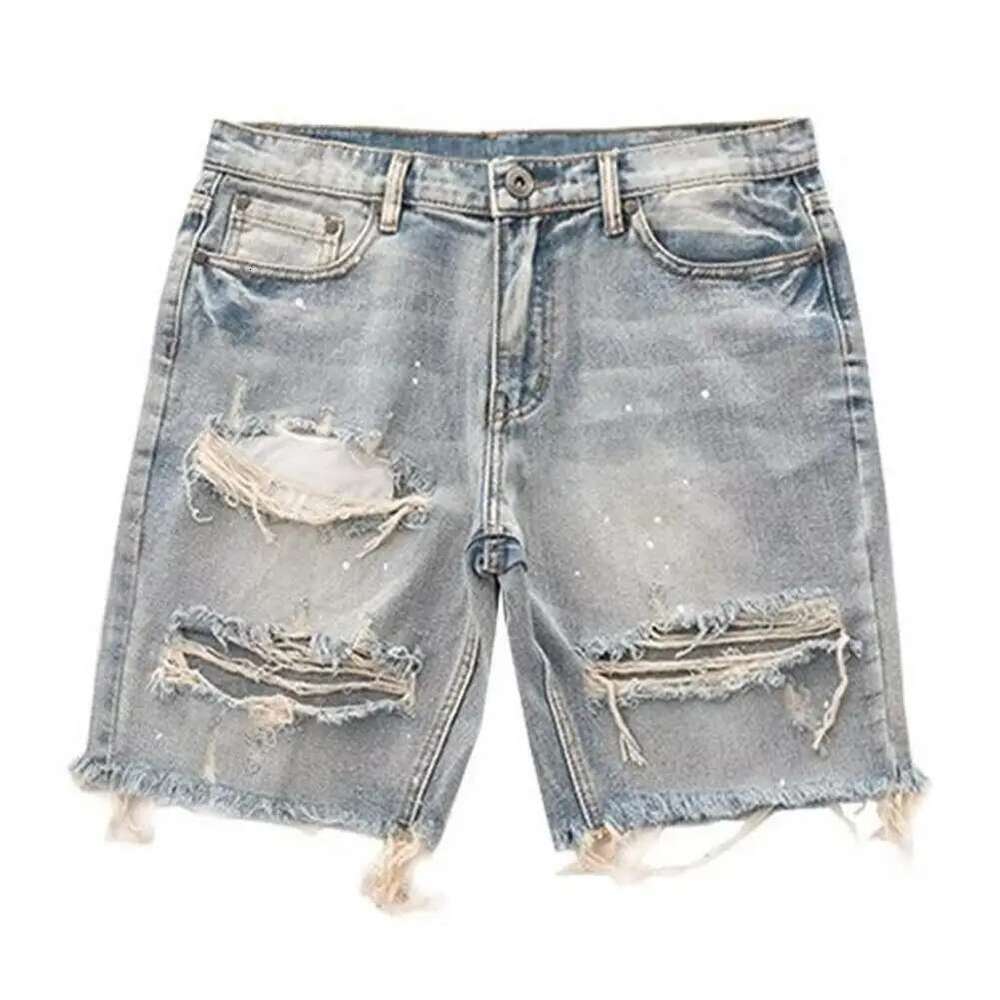 Ripped Holes Men's Summer Distressed Denim Shorts Stylish Button Fly Multi-Pocket Design Slim Fit For Youthful