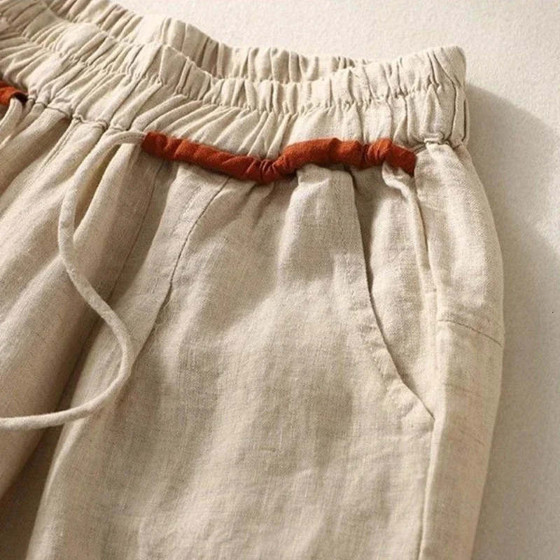 Loose harem pants casual edition fashionable cotton linen womens summer solid color elastic high waist pink 2024 item 250414