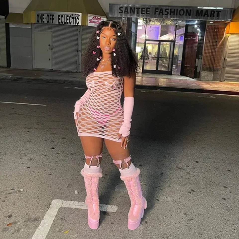 Pink Mini Dress Women Strapless See Through Backless Sleeveless Skinny Vestido Female Party Night Clubwear Mesh Lingerie Dress 250415