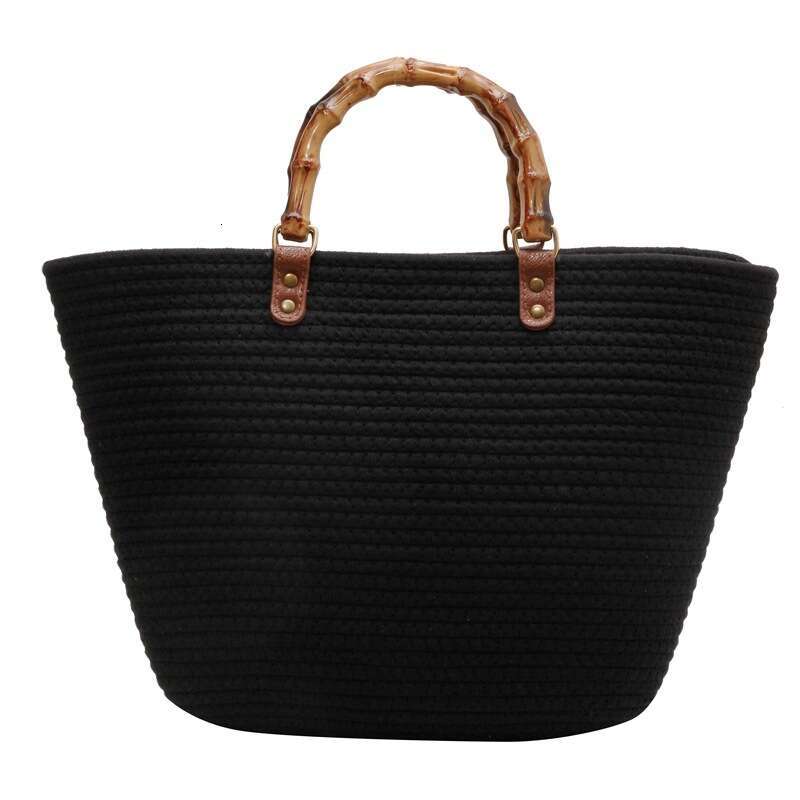 Handmade Beach Bag Striped High-Capacity Cotton Thread New Imitation Bamboo Joint French Grass Woven Portable Beach Bag, Women's Bag Kq2