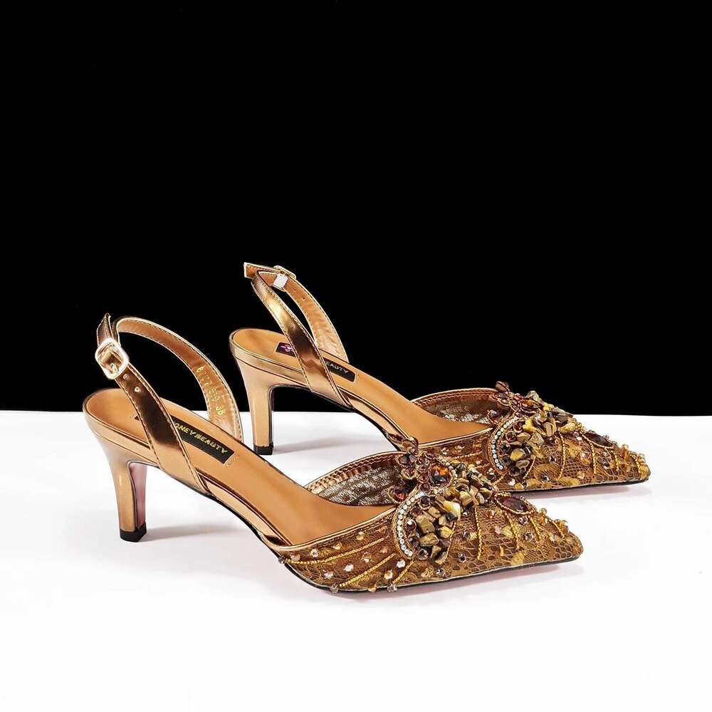 QSGFC Italian Design Rhies and Coral Stones Ladies Party High Heels Pointed Toe Coffee Color Women's Shoes