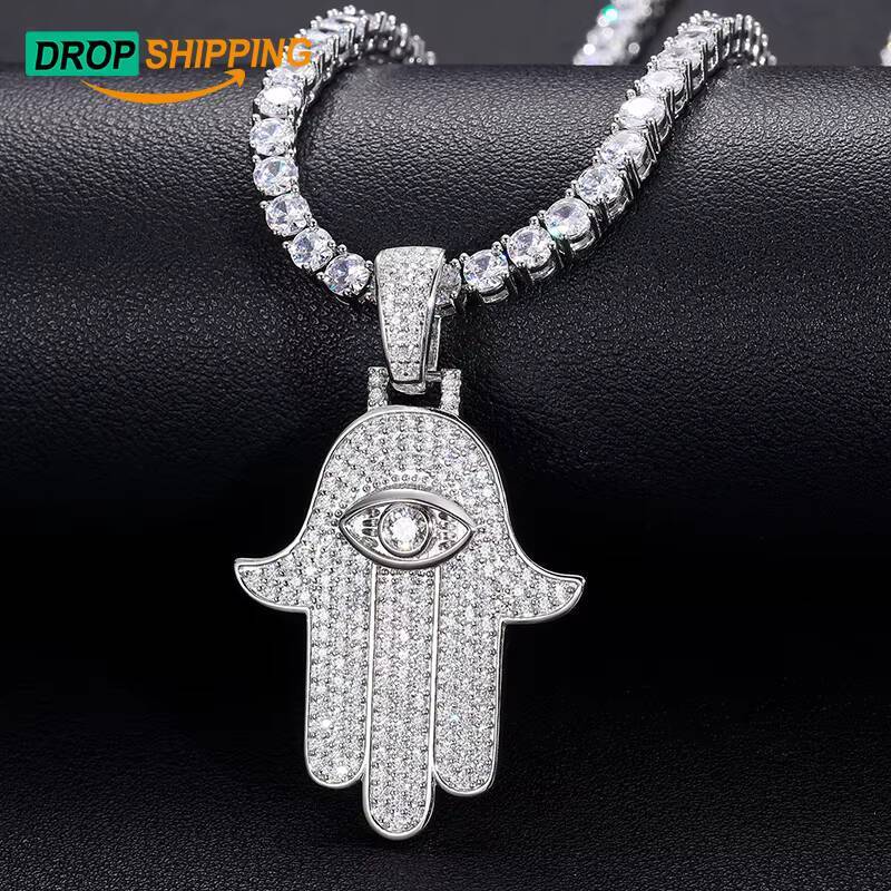 Dropshipping Fine Jewelry 925 Sterling Silver VVS Moissanite Bling Iced Out Evil Eye Hamsa Hand Pendant for Men Women