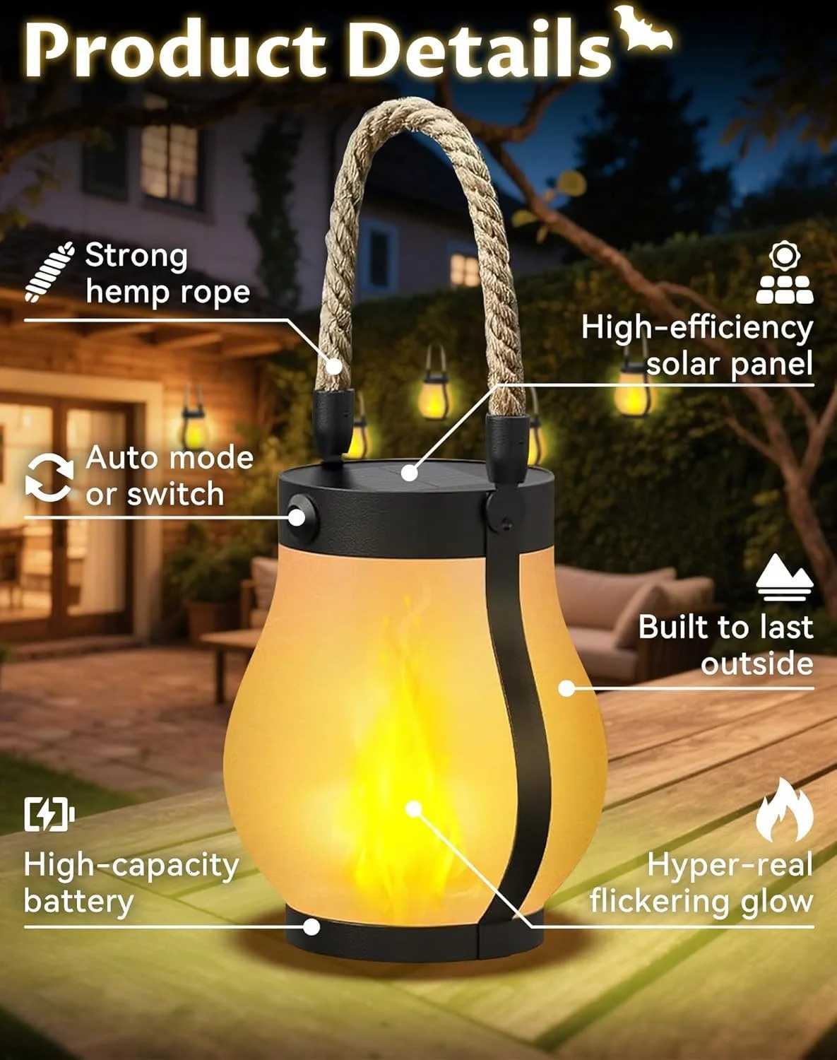 Solar Lantern Outdoor Light Waterproof Dancing Flame Solar Christmas Lights Hemp Rope Hanging Flame Lamp for Garden Yard Decor M251115