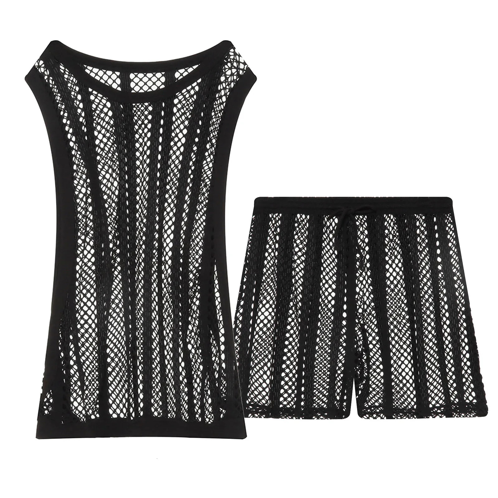 CLEVERMENMODE Mens Underwear Set Mesh Can Top Box Sexy Transparent Fishnet Hollow Sleeve Single Short Pajama 250407