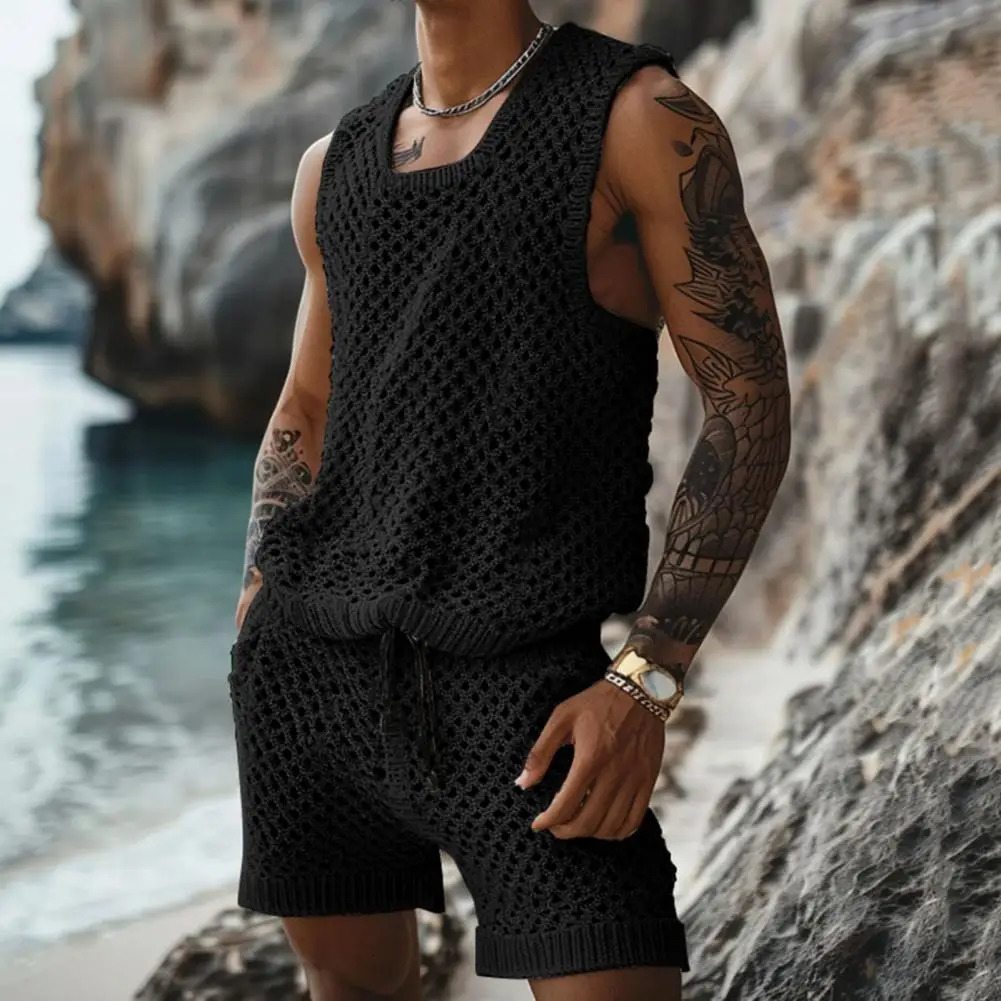 Vest Shorts Set Mens Casual Sleeveless Knit Top Drawstring Shorts Set for Daily Wear Elastic Waist Wide Leg Shorts for Mens 250415