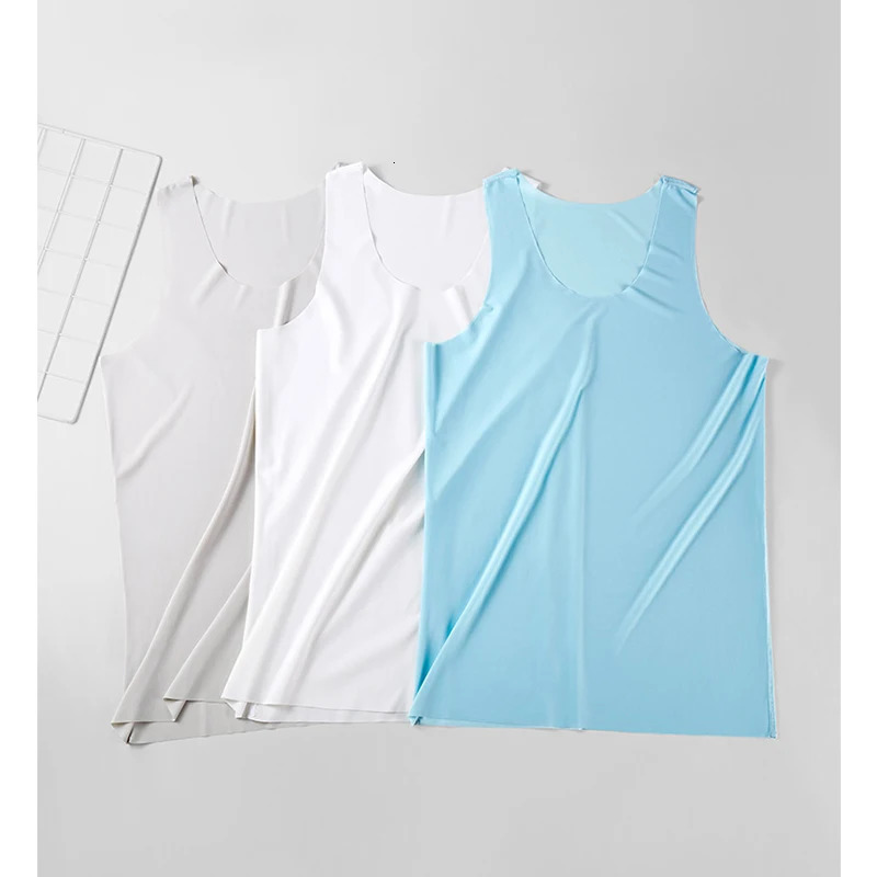 Ice Silk mens solid color vest top sexy Uneck sleeveless seamless youth elastic fitness casual underwear 250407