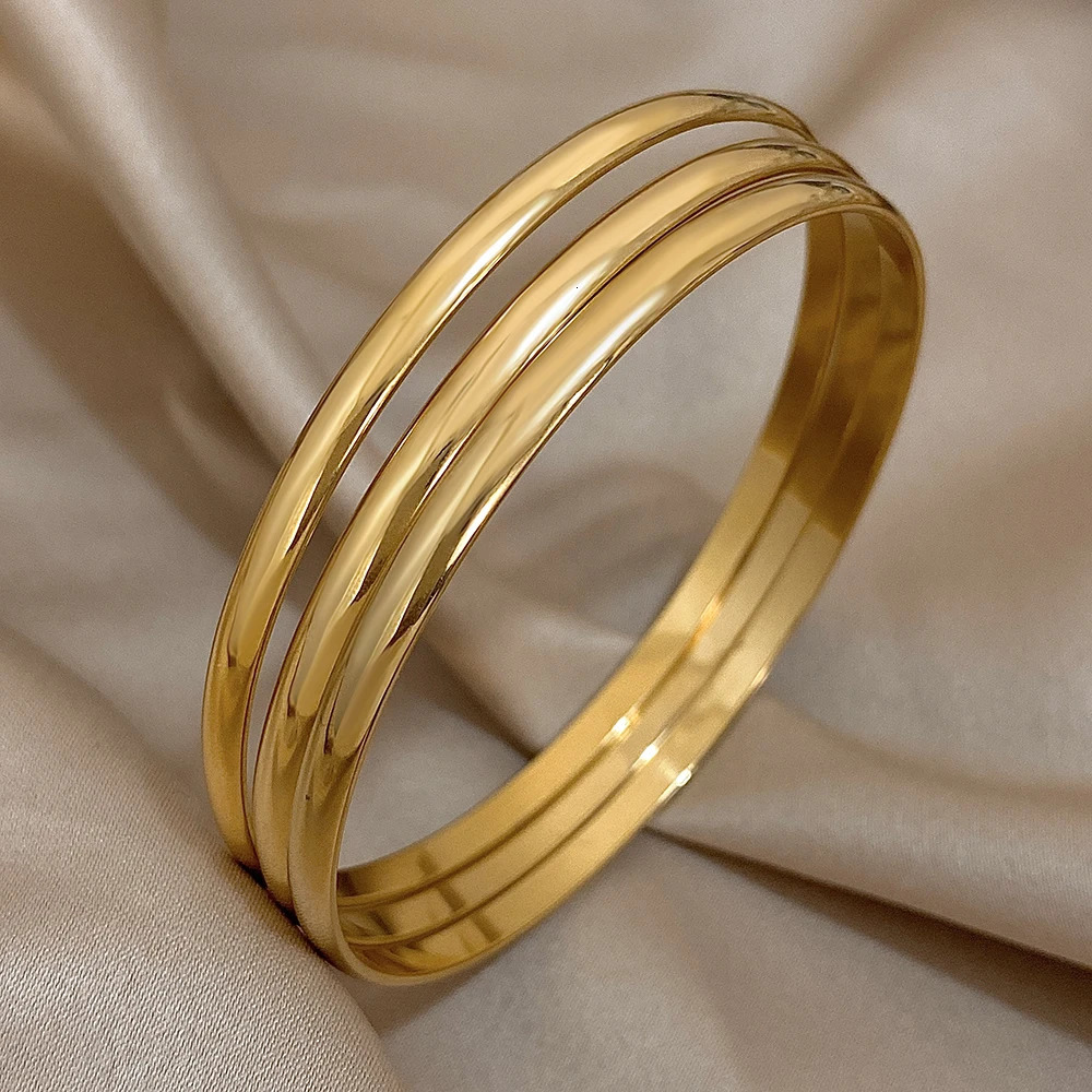 3 smooth 18K goldplated stainless steel bracelets suitable for womens minimalist basic wristband waterproof jewelry 250410