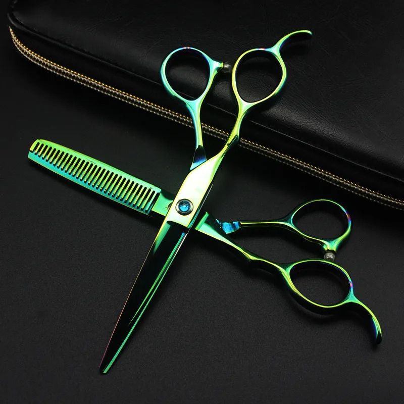 professional Japan 440c left handed 6 green hair scissors haircut thinning barber makas cutting shears hairdresser scissors 250414