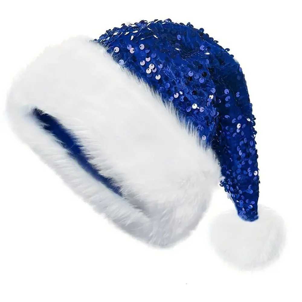 Sequin Christmas Hat Plush Solid Color Sparkle Santa Claus Hat with Long Fluffy Pompom For Adult Kids Christmas Party Decoration Y251115