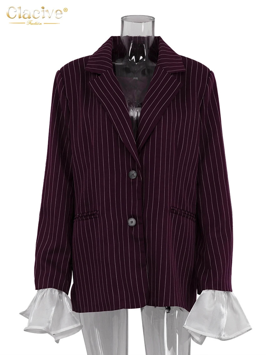 Clacive Fashion Loose Wine Red Striped Womens Jacket Winter Collar Long Sleeve Coat Elegant Coat Top Womens Wear 250415
