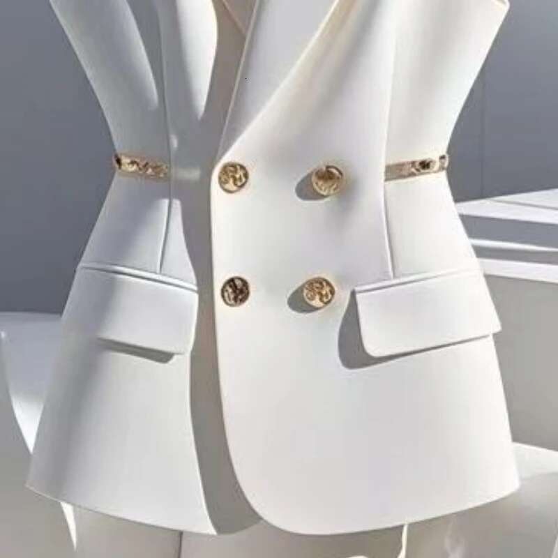 Small Fragrance White Suit Vest Coat Women Design Bright Light Decorate Slim Waist Double Breasted Waistcoats Spring 197H
