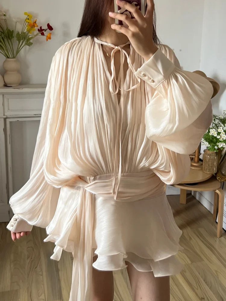 Elegant Solid Pleated Blouse Mini Dresses Women V Neck Lace Up Long Lantern Sleeve Dress Street Beach Vocation Short Robes 250414