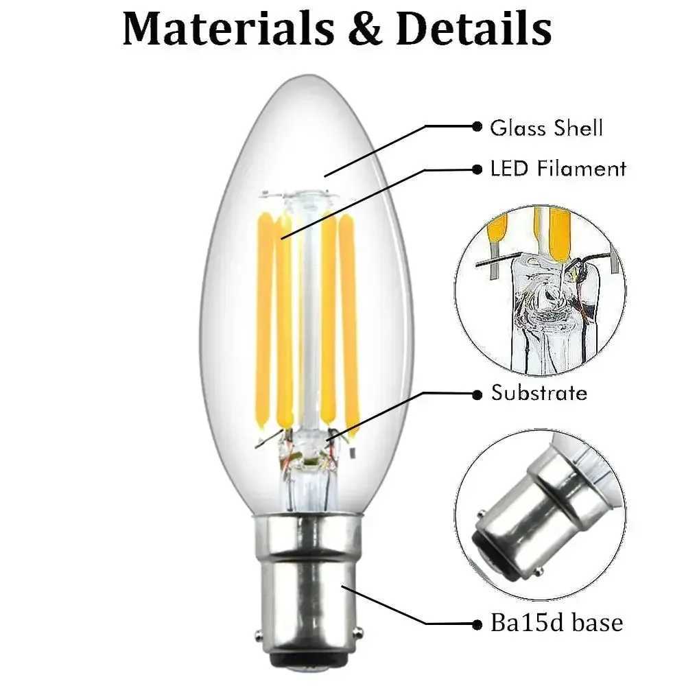 Melery LED Candle Filament Light Bulb B15 SBC Bayonet 4W Ba15d Warm White 2700K 40W Replacement Home Office Decorative Dimmable C251115