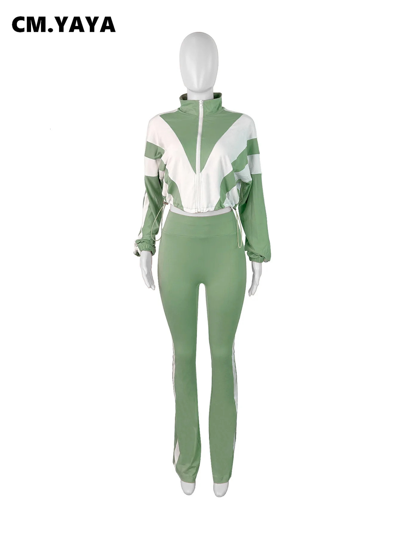 CM.YAYA Active Patchwork Womens Set Zipper Sweatshirt Jacket and Long Pants Suit 2025 Sporty Two 2 Piece Sets Outfit Tracksuit 250410