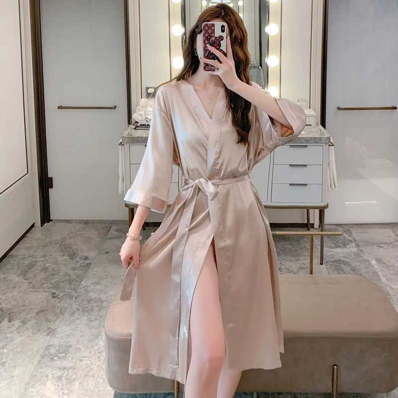 Satin Kimono Robe Long Sleeve Casual Home Clothing Intimate Lingerie Women Champagne Sleepwear Bathrobe Gown Nightwear C251115