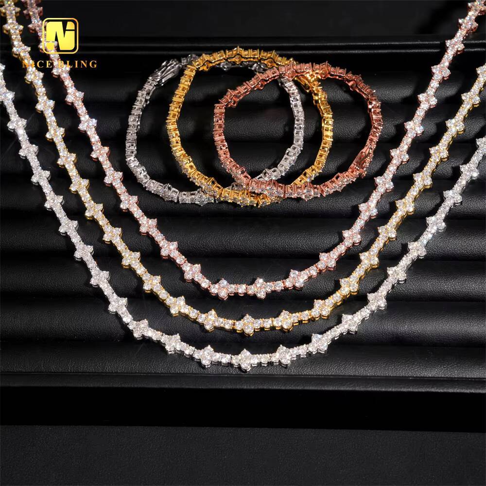 Wholesale Price 925 Sterling Silver 3mm Hip Hop Jewelry Bracelet Necklace Iced Out VVS Moissanite Diamond Cross Tennis Chain