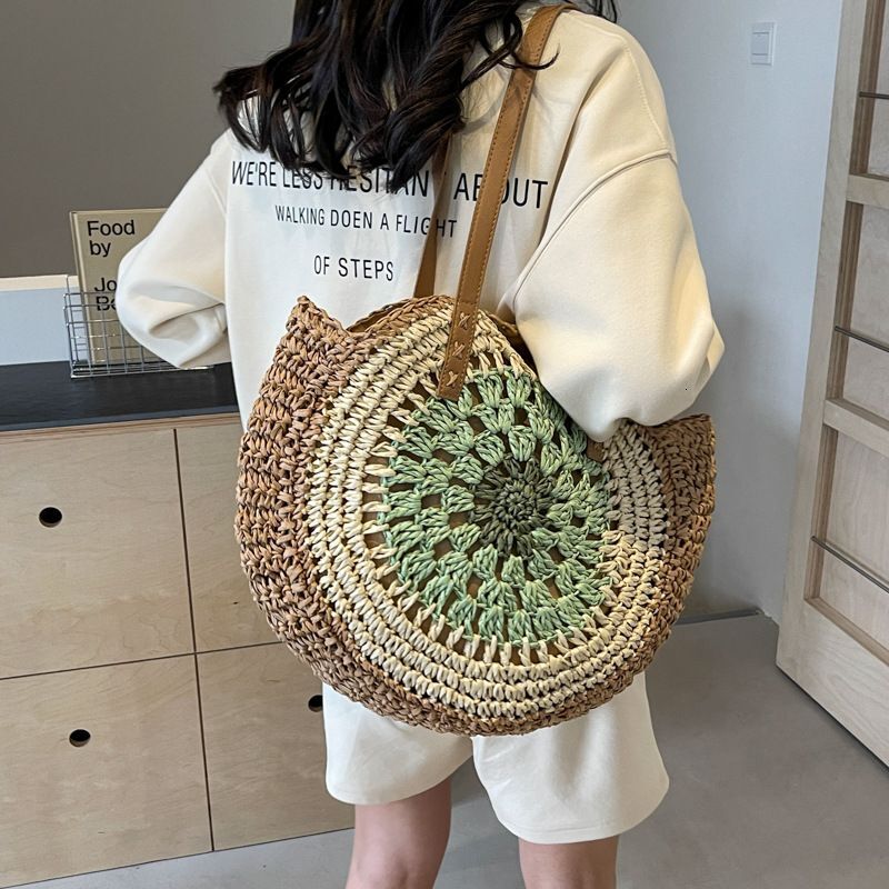 Women's Large Color Block Vacation Beach Round Zipper Straw Bag