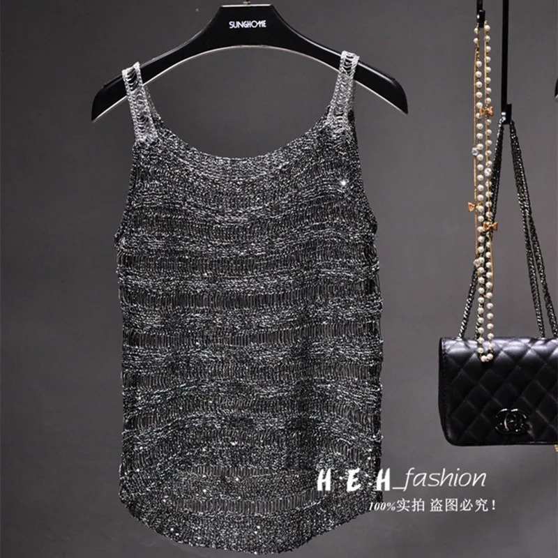 summer gold thread bright silk hollow camisole shiny thin sexy see-through top crop tops women tops for women 250415