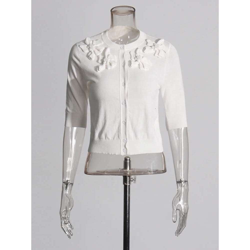 TWOTWINSTYLE Solid Spliced Appliques Slimming For Women O Neck Half Sleeve Patchwork Button Minimalist Sweater Female