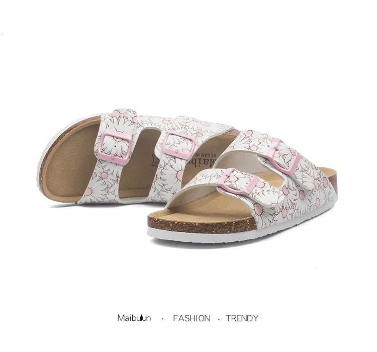 Summer Women Men Cork Mules Slippers Cartoon Print Beach Slippers Classic Cork Footbed Women Sandals With Adjustable Buckle 250411