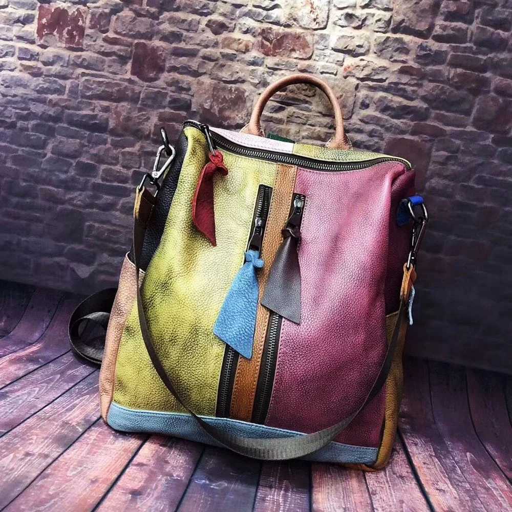 New Soft Cowhide Leather Backpack for Women Teens Vintage Patchwork School Bookbag with Keychain Durable Genuine Cowhide BagW251114