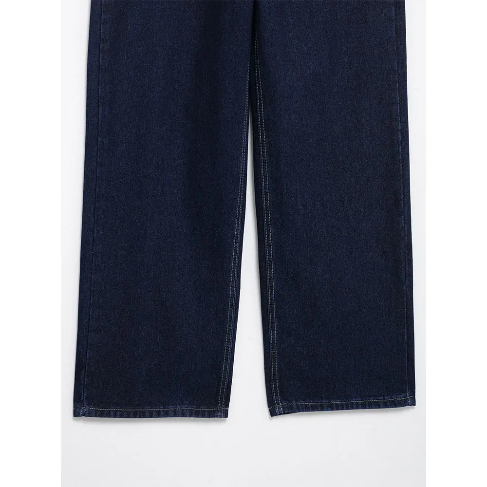 DUOPERI Womens Fashion Denim Navy Blue Straight Pants Retro Jeans High Waist Full Length Trousers 250414