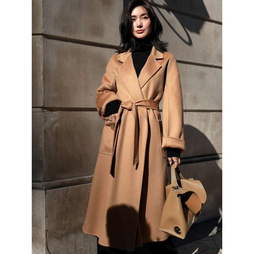 2024 Fall Winter Jacket Ripple Double-Sided Wool Cashmere Coat High-End Bathrobe Style Windbreaker Women Belt Long Thick Warm