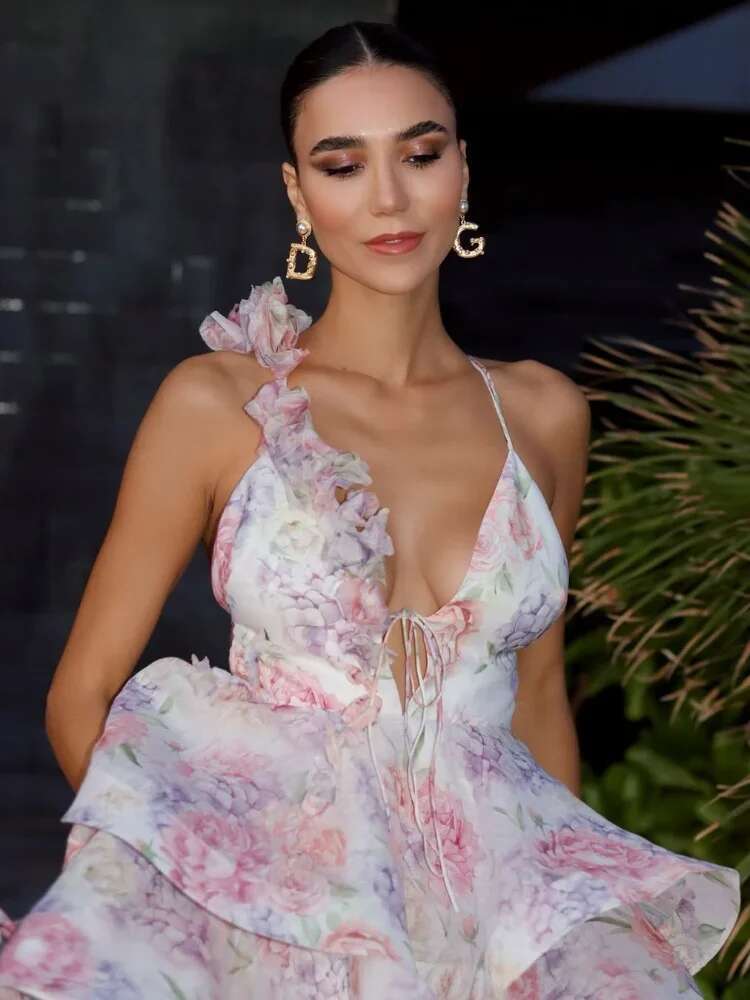 Elegant 3D Wer Splicing Lace Up Women Sg Dress Fashion Backless Sleeveless Print Fold Hem Mini Dresses Lady New Beach Robe